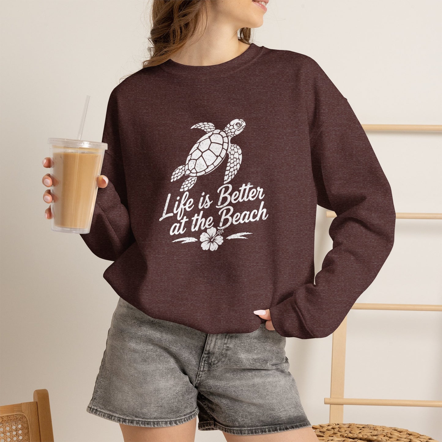 Beach Turtle Crewneck Sweatshirt — "Life is Better at the Beach"