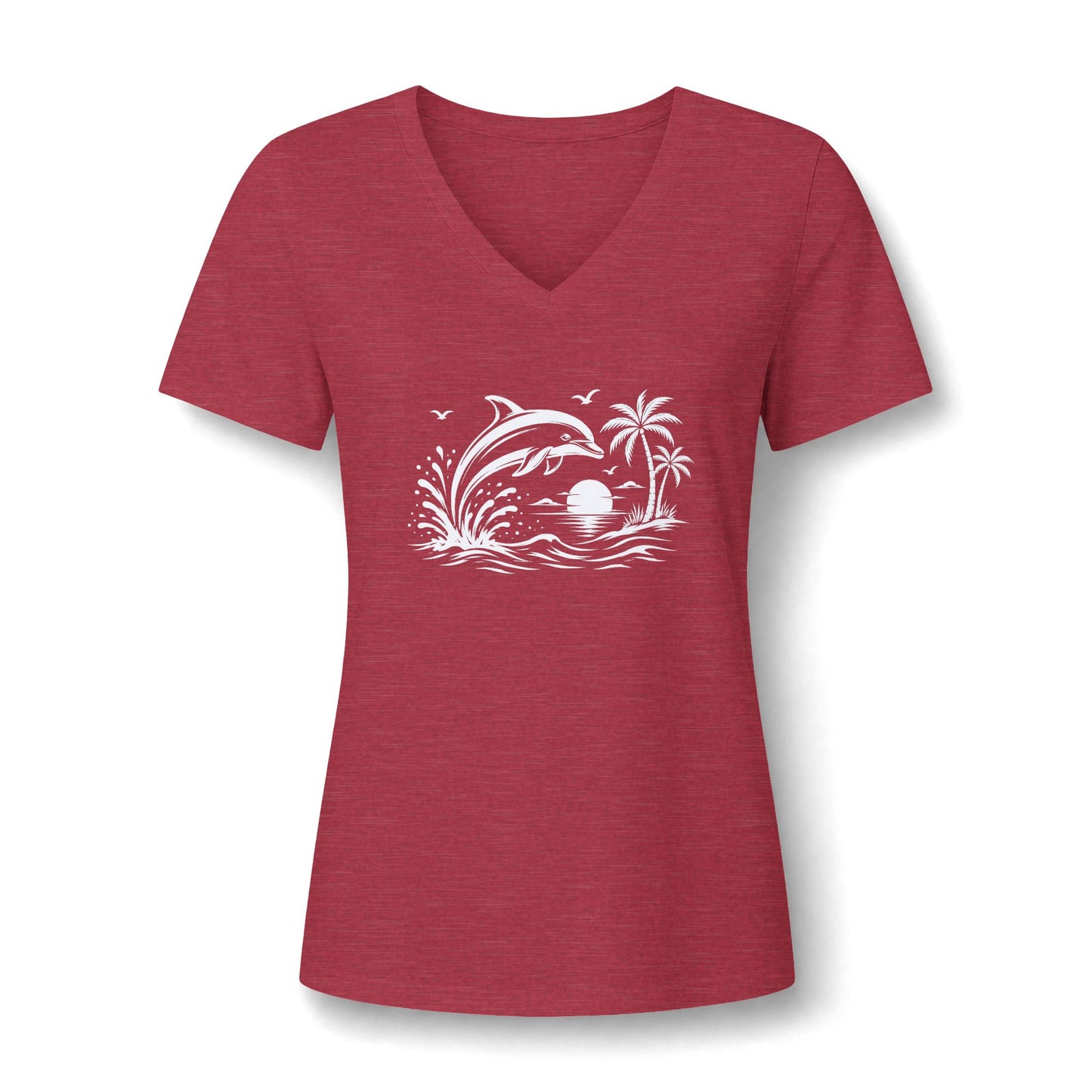 Dolphin Beach Sunset Graphic-Women’s V‑Neck Tee
