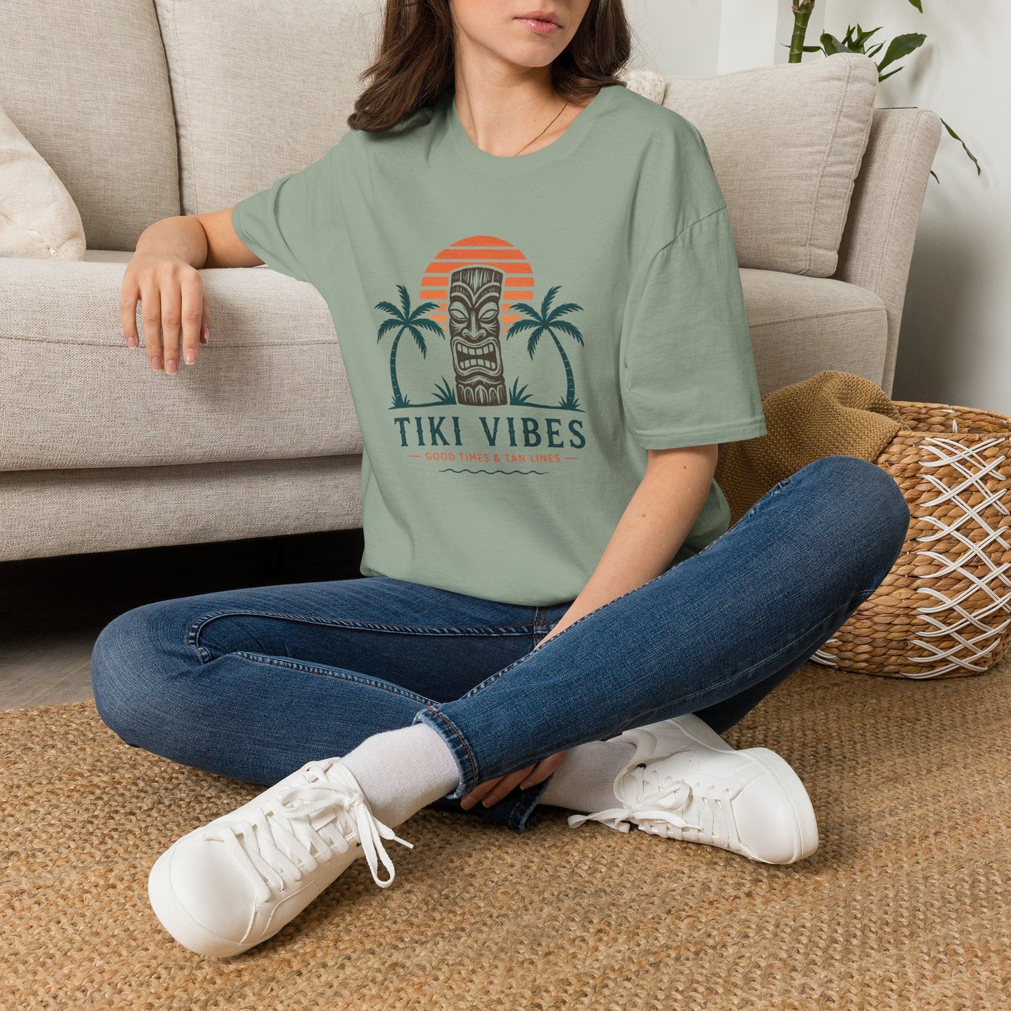 Tiki Vibes Sunset Tee (Palm Trees & Tiki Mask)