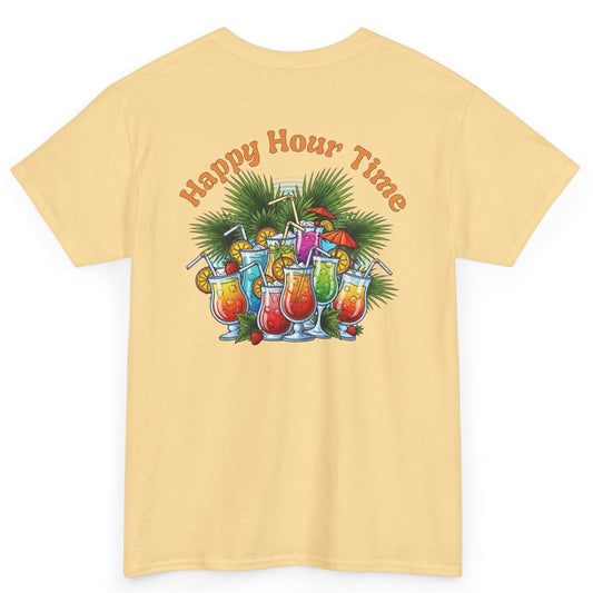 Yellow t-shirt with 'Happy Hour Time' graphic on a white background