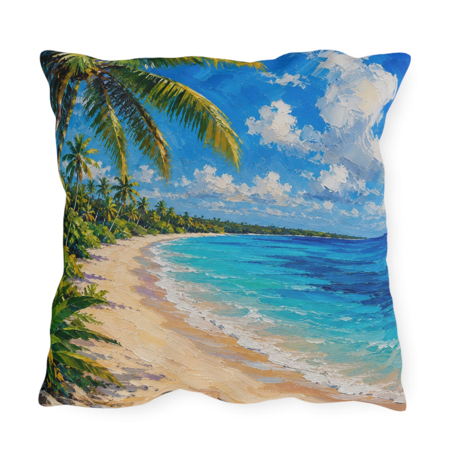 Tropical Caribbean Beach Outdoor Pillow — Coastal Palm Tree Seaside Decor