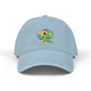 Light blue baseball cap with a colorful parrot design on a white background