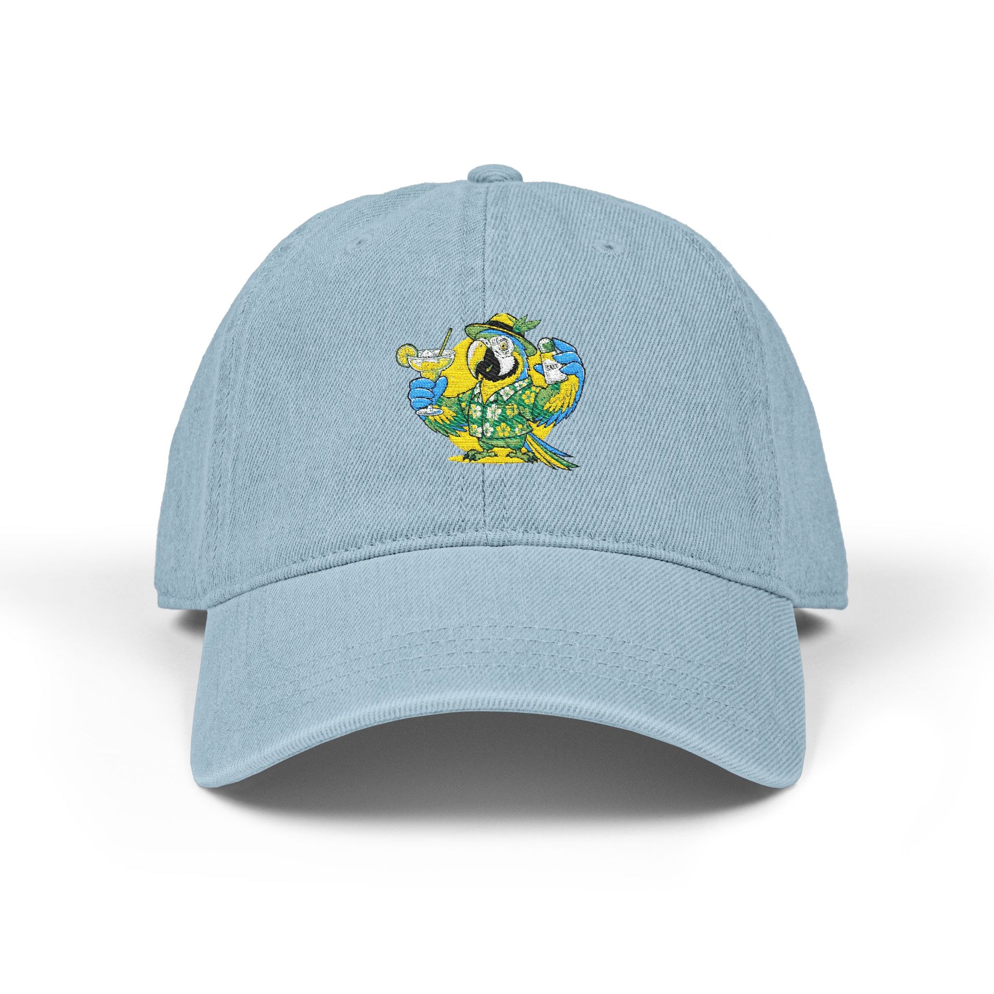 Light blue baseball cap with a colorful parrot design on a white background
