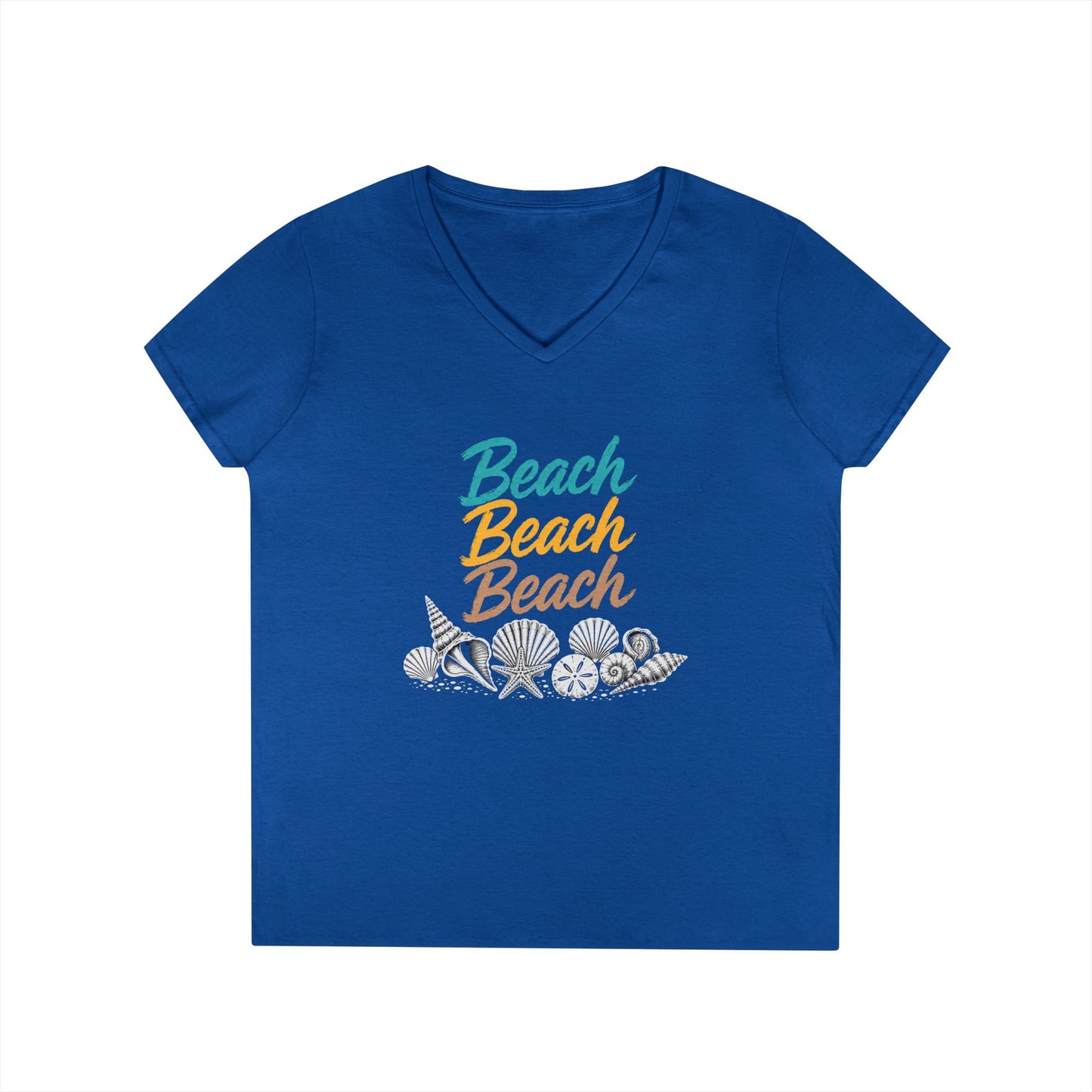 Beach Beach Beach Script V-Neck Tee — Women’s Casual Coastal T-Shirt