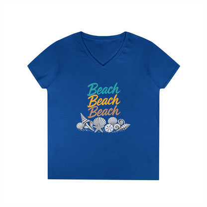 Beach Beach Beach Script V-Neck Tee — Women’s Casual Coastal T-Shirt