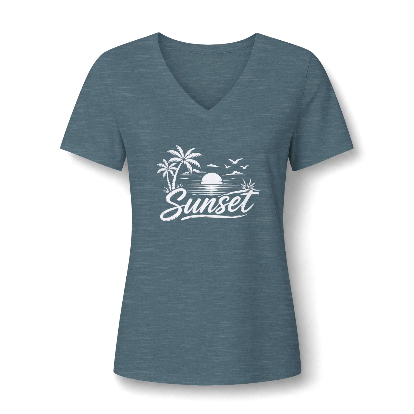 Sunset Palm V-Neck Tee – Women’s Beach Sunset Graphic Shirt