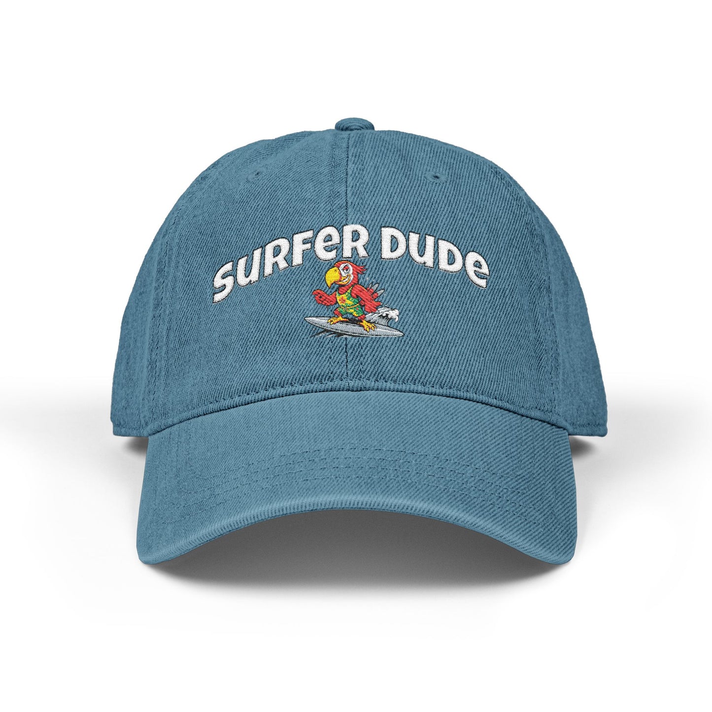 Surfing Dude Embroidered Denim Hat — 'Surfer Dude' Wave & Sun Cap