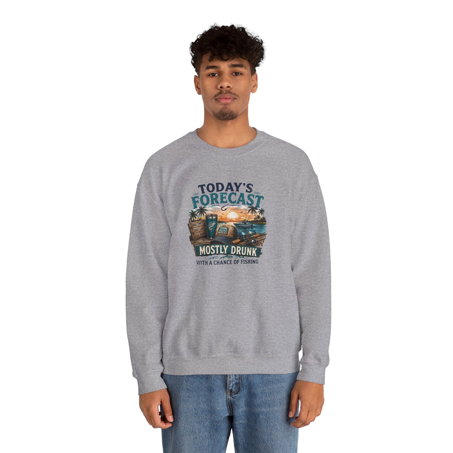 Crewneck Sweatshirt — "Today's Forecast: Mostly Drunk with a Chance of Fishing" Vintage Fishing Crewneck