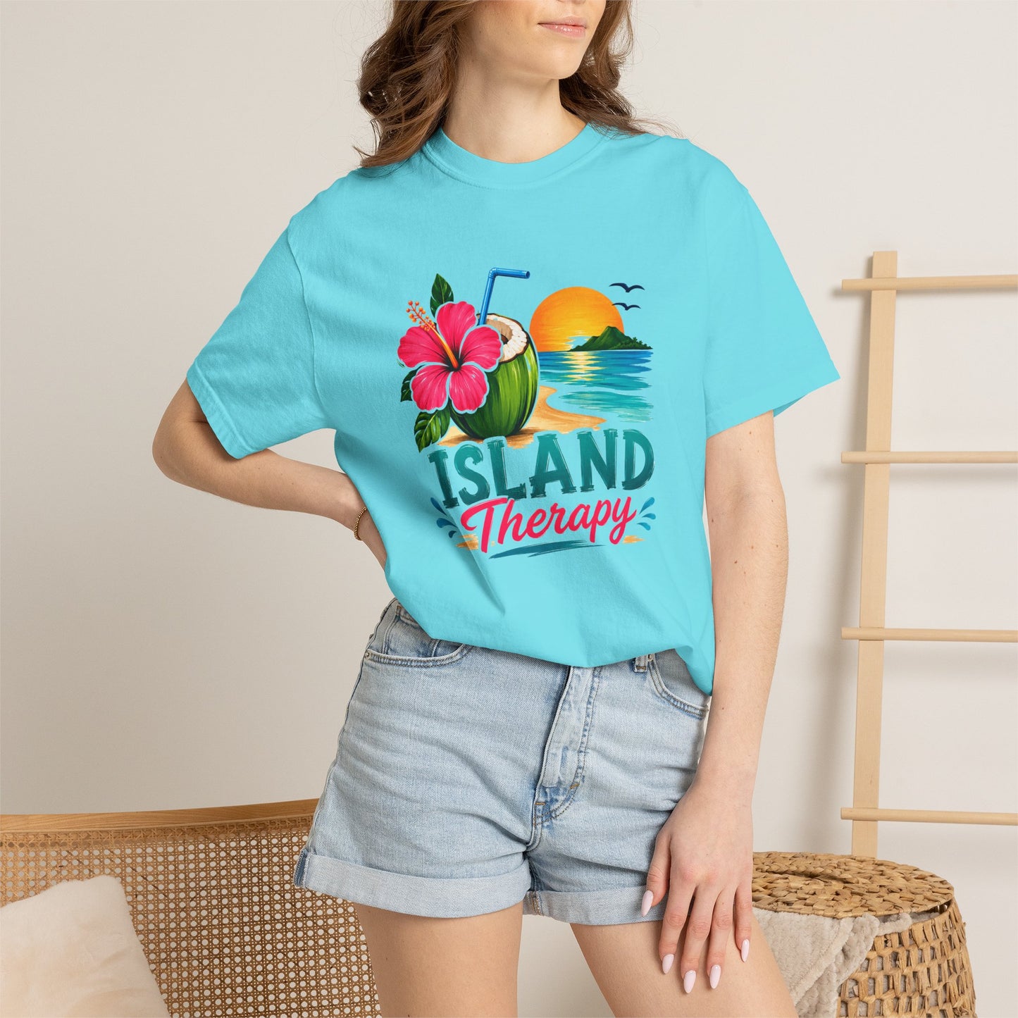 Island Therapy T‑Shirt — Tropical Sunset Coconut Drink Beach Tee