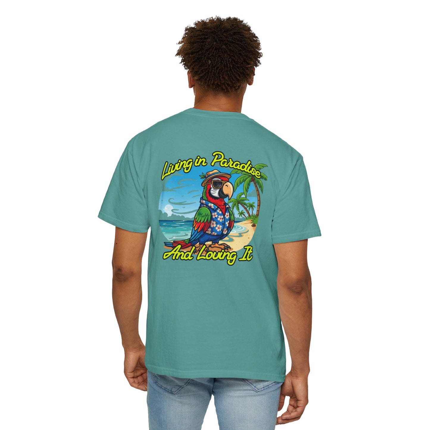 T-Shirt — "Living in Paradise and Loving It" Tropical Parrot Beach Tee