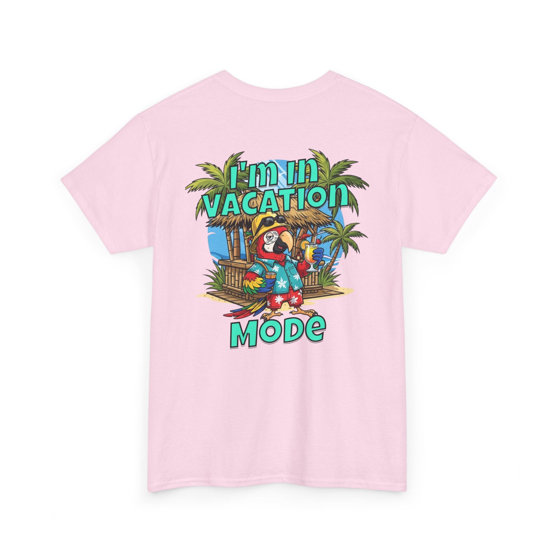 Pink t-shirt with a tropical graphic and 'I'm in Vacation Mode' text on a white background