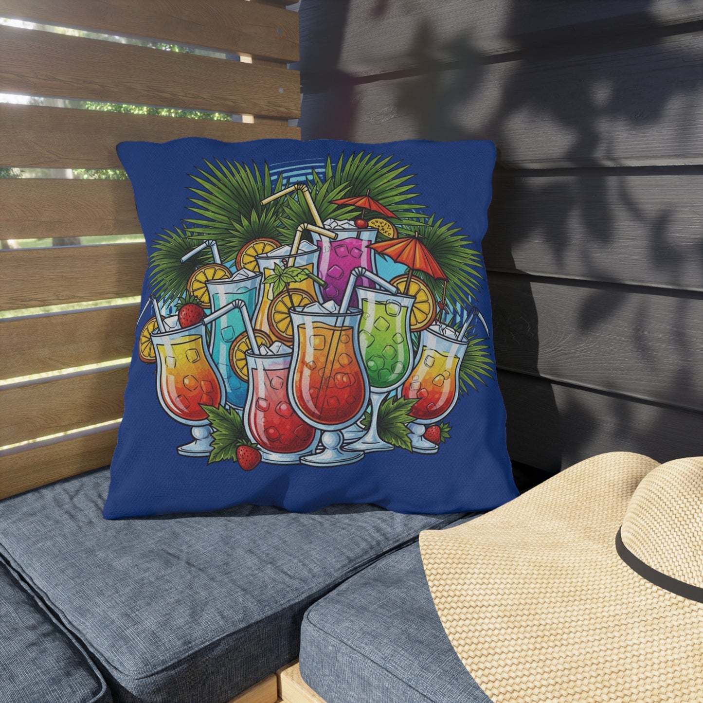 Navy Blue Tropical Cocktail Outdoor Pillow