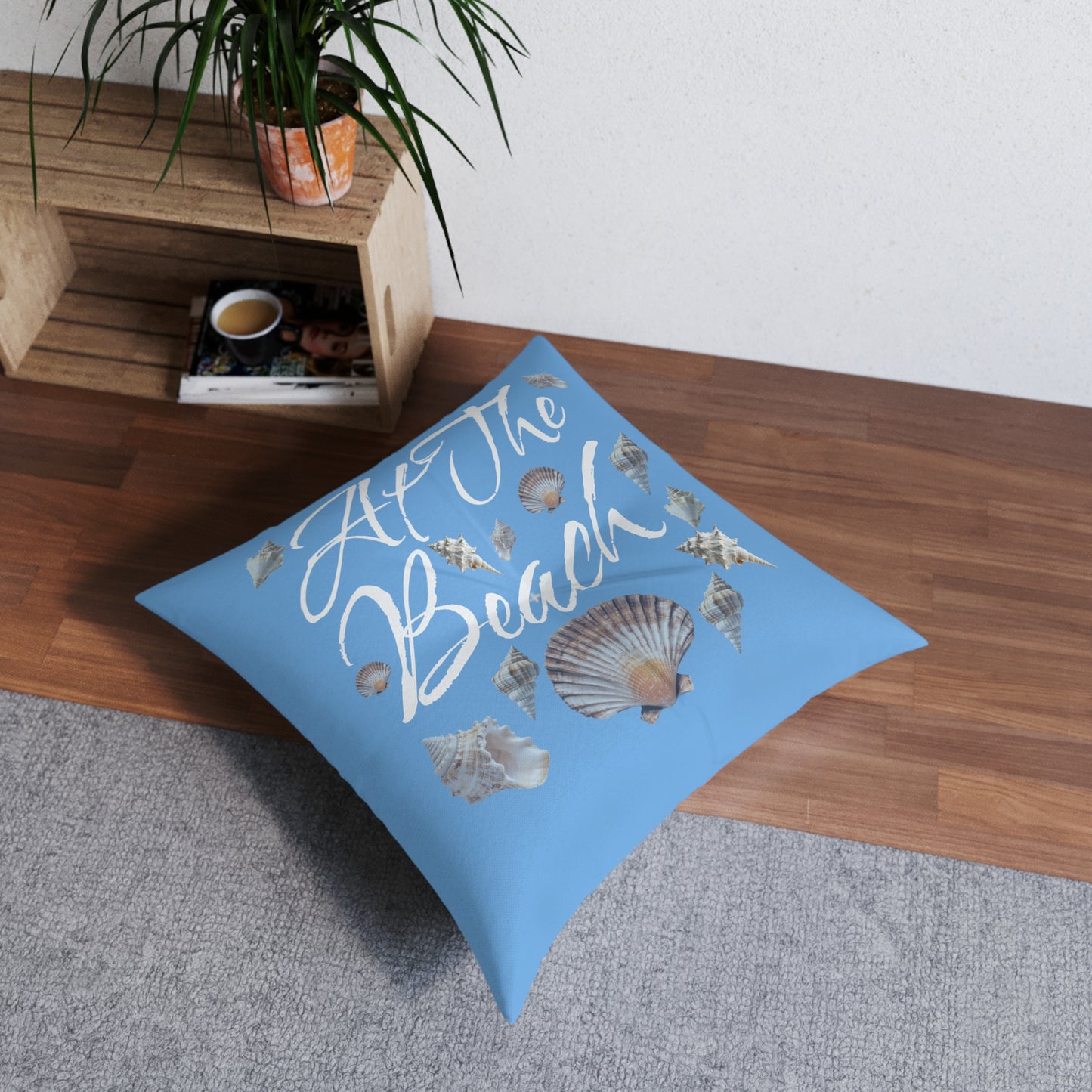 At The Beach Tufted Floor Pillow, Square - Caribbean Rays