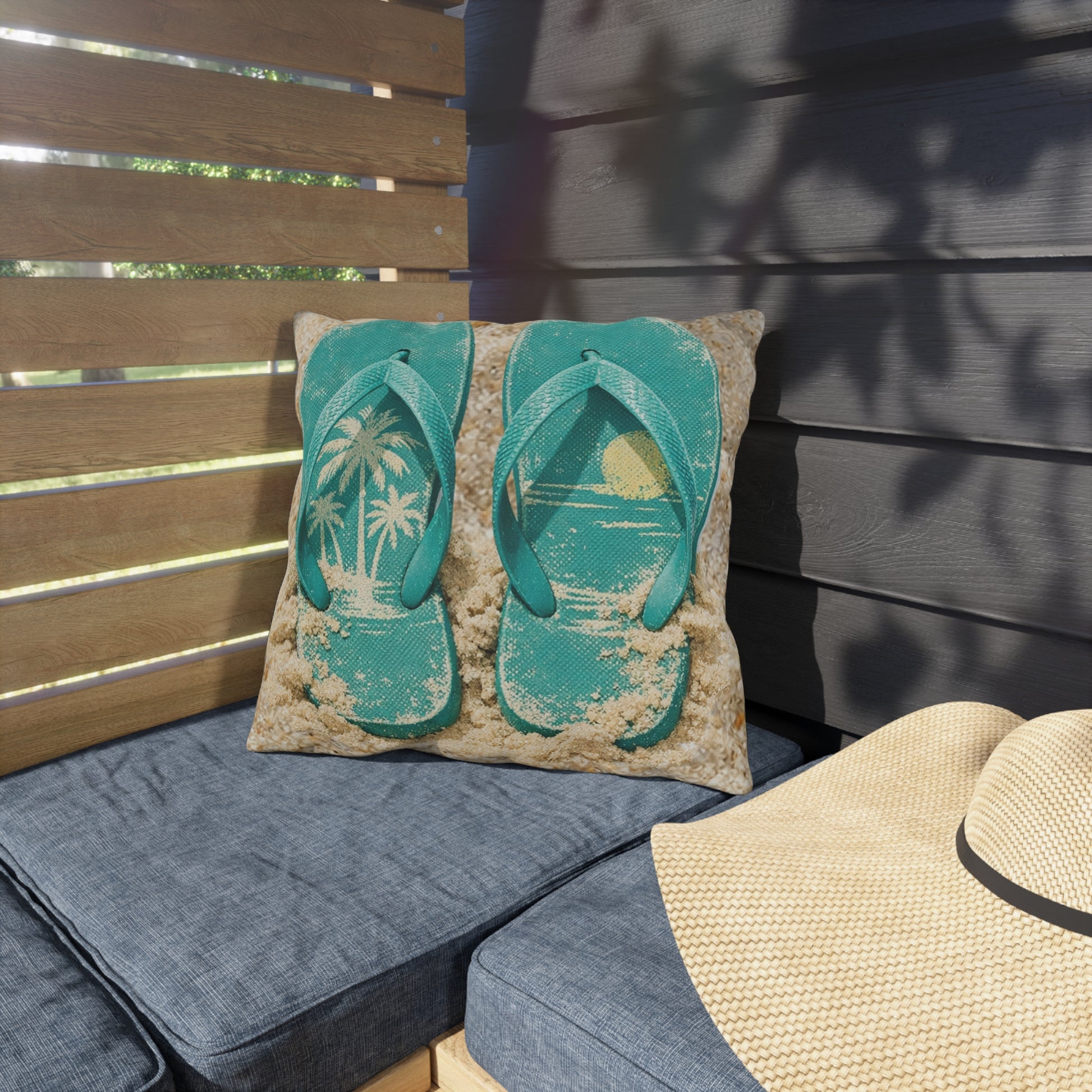 Pillow with flip-flop design on a outdoor bench with a hat nearby.