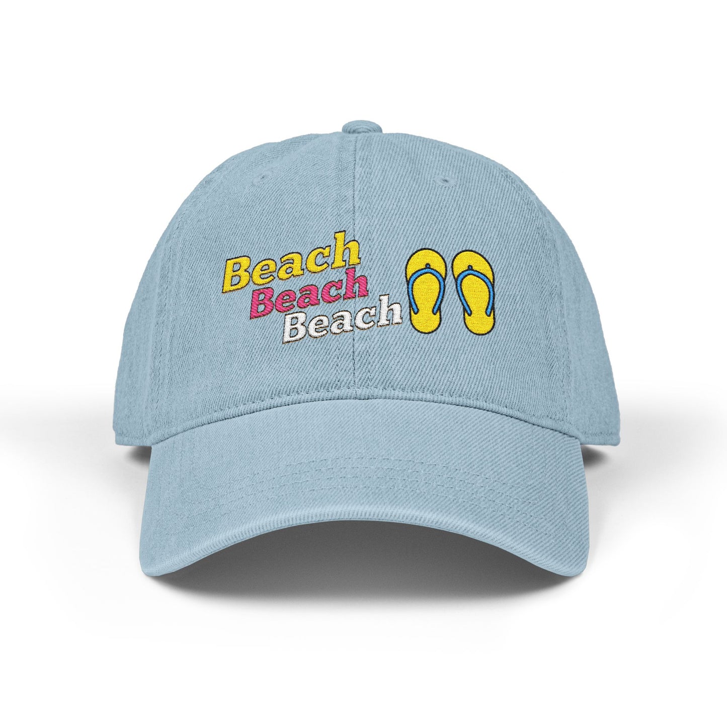 Light blue cap with 'Beach' text and flip-flop design on a white background