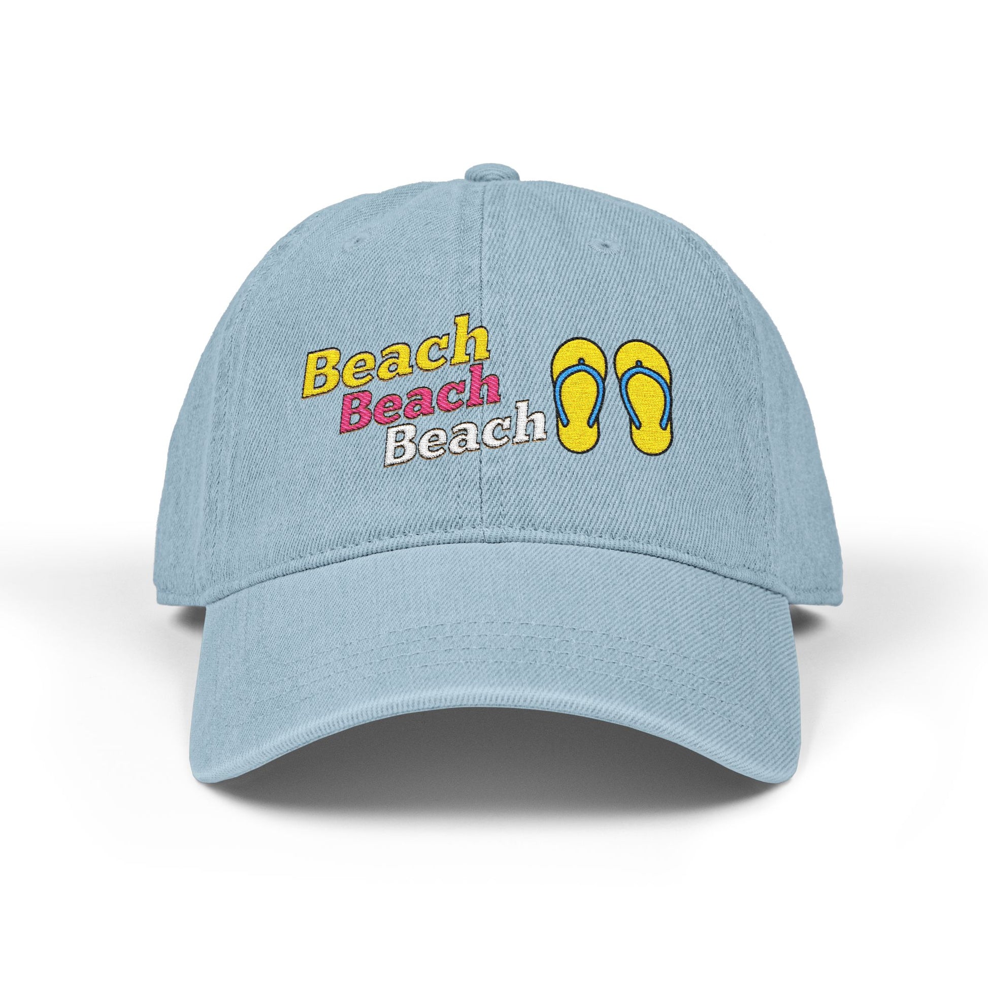 Light blue cap with 'Beach' text and flip-flop design on a white background