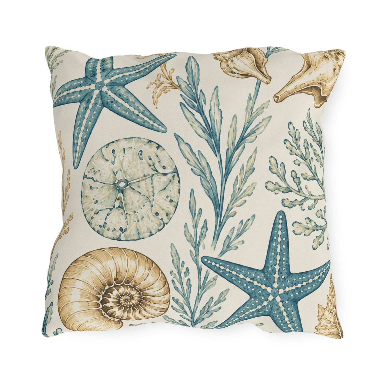 Coastal Shells Outdoor Pillow — Nautical Starfish & Seaweed Patio Cushion