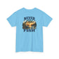 A light blue short-sleeve t-shirt with a graphic on the front that reads 'NEVER TOO Old TO FISH' surrounding a sunset lake and pine tree scene, shown on a plain white background.