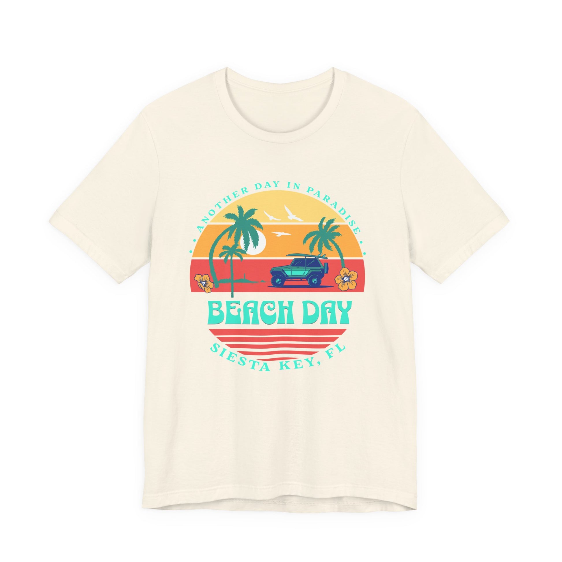 Beige t-shirt with 'Beach Day' graphic design featuring palm trees and a car on a white background at Caribbean Rays