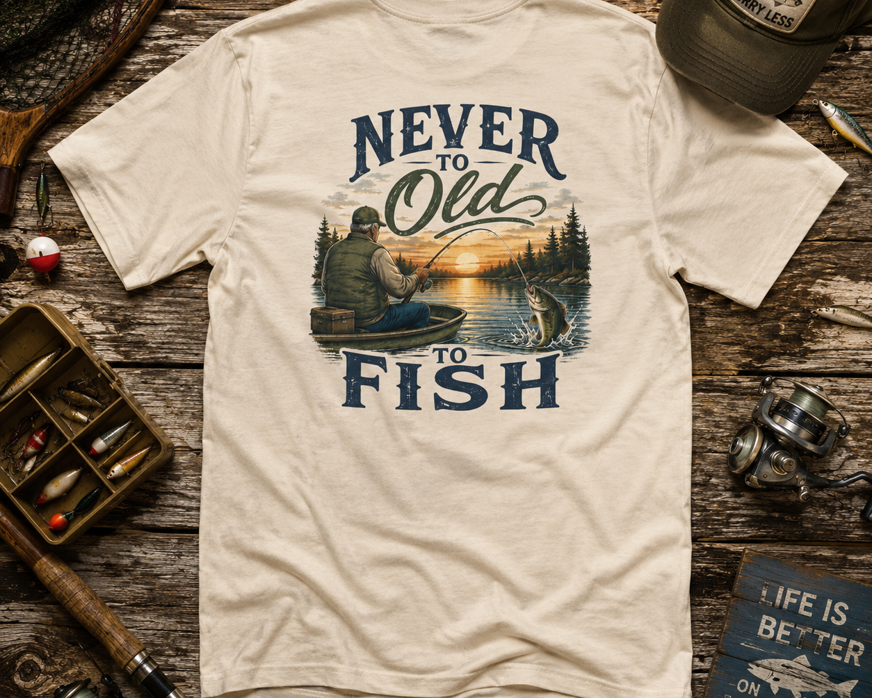 Beige t-shirt with fishing graphic and text on a wooden surface with fishing gear.