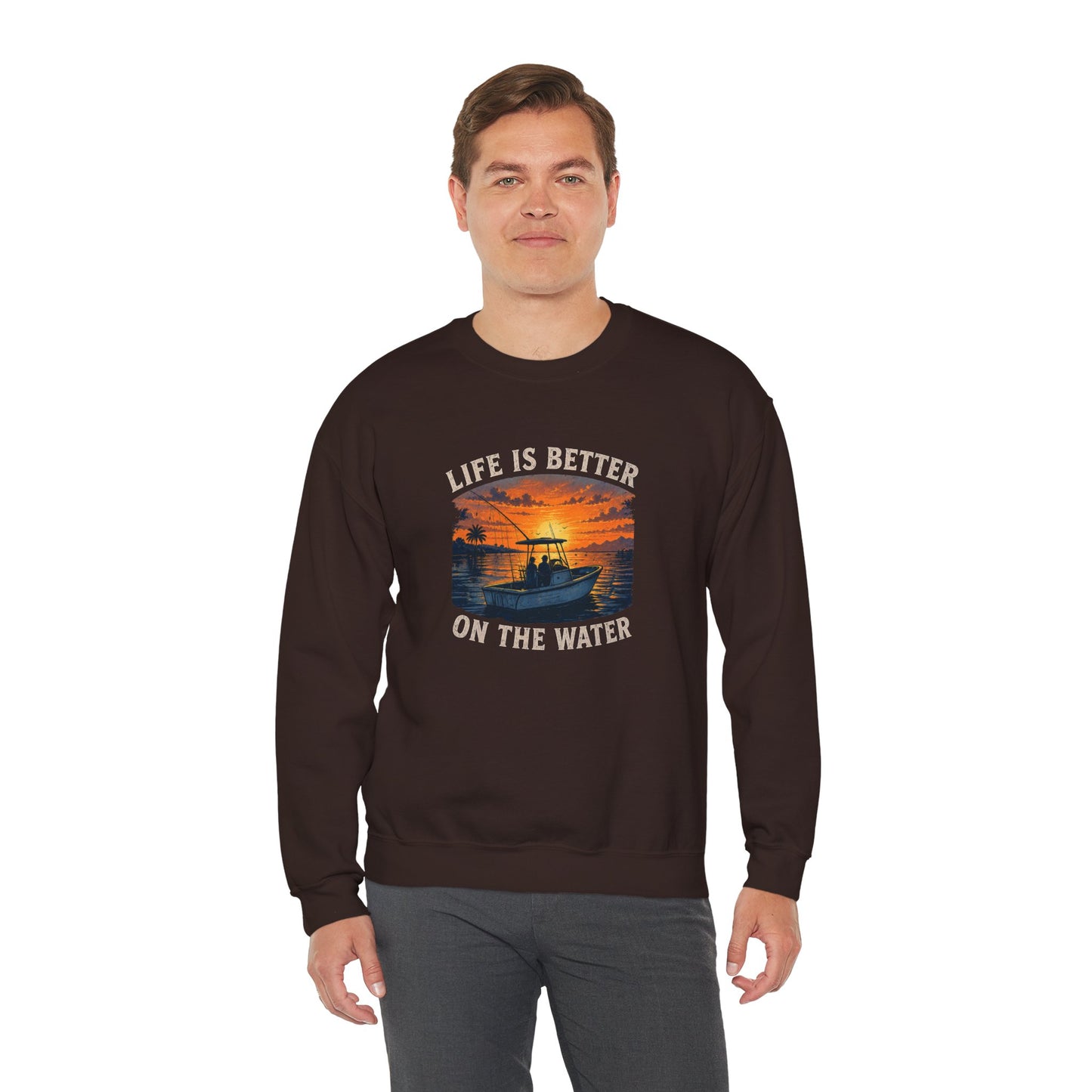 "Life Is Better On The Water" Crewneck Sweatshirt -Boat Sunset Graphic
