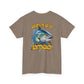 Brown t-shirt with barracuda graphic and text on a white background