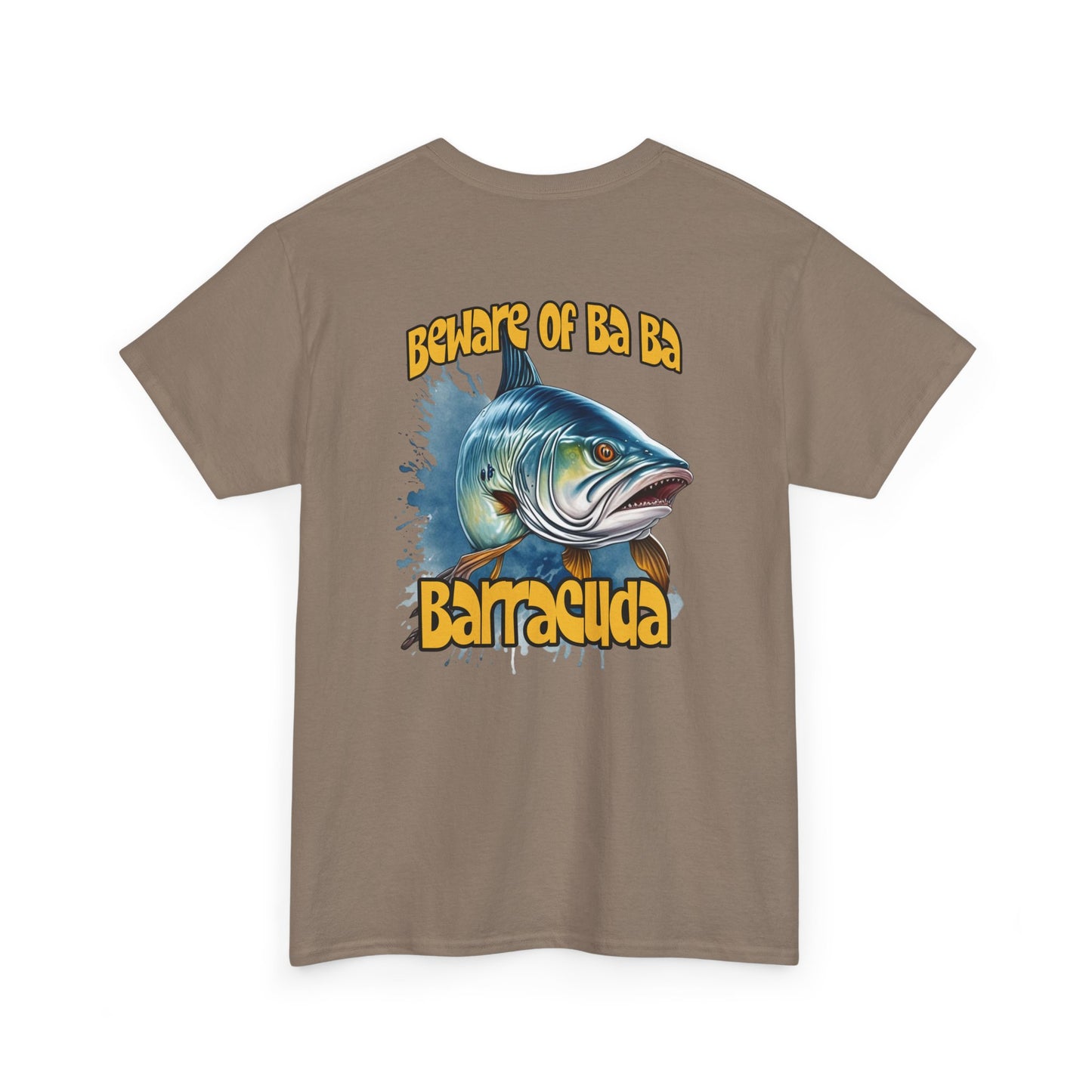 Brown t-shirt with barracuda graphic and text on a white background