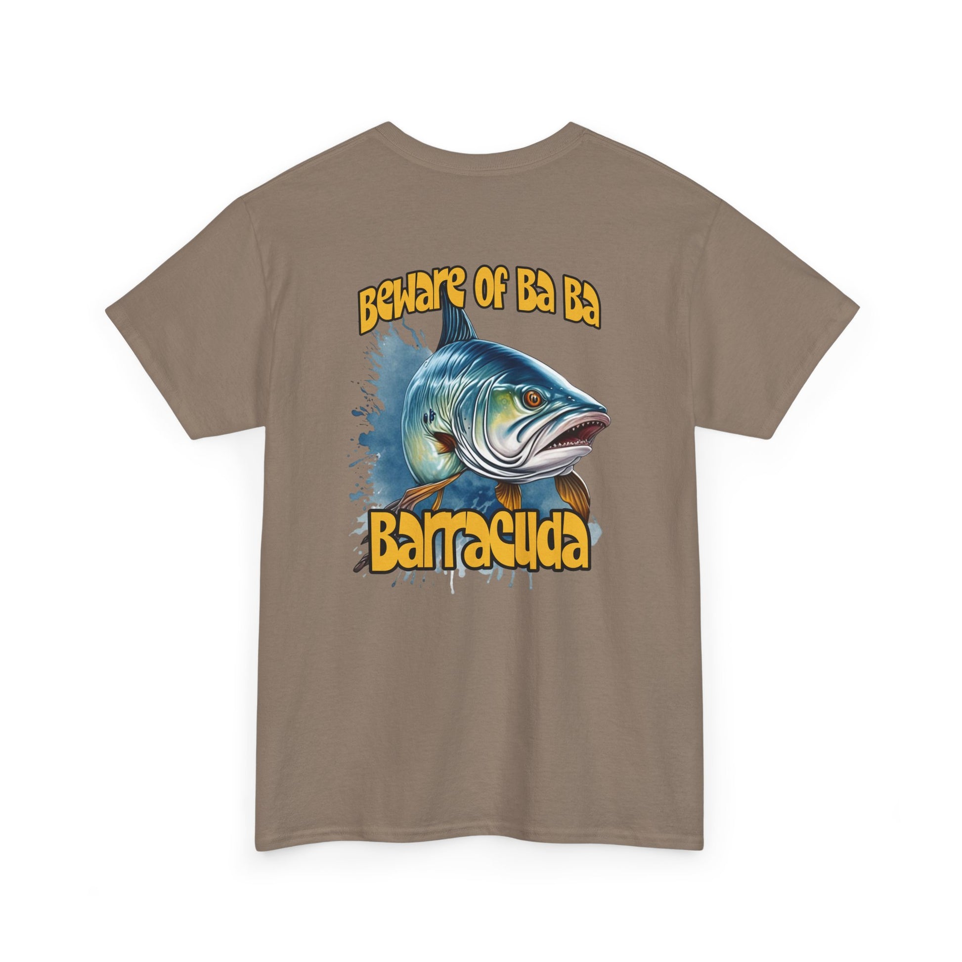 Brown t-shirt with barracuda graphic and text on a white background
