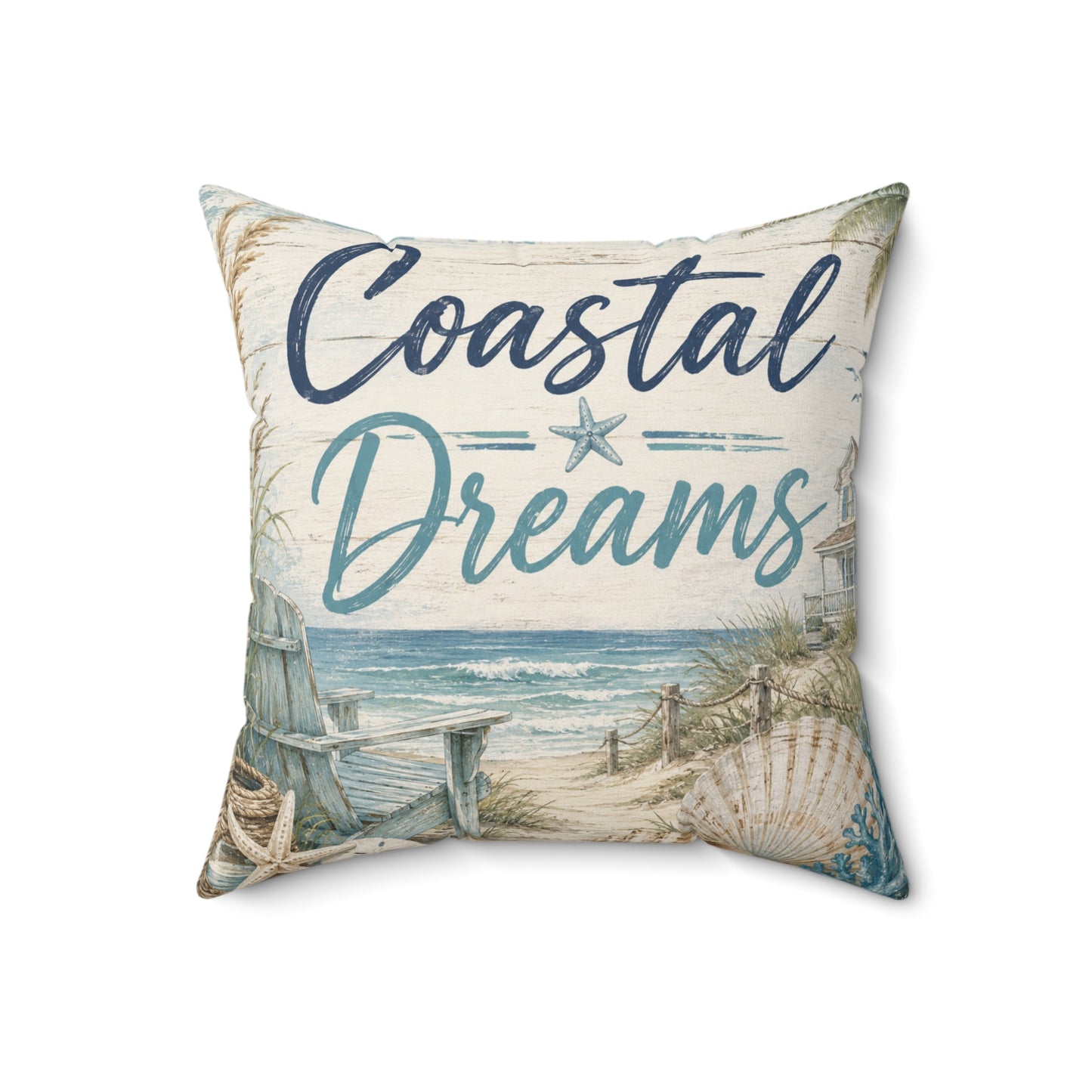 A square decorative throw pillow featuring a coastal beach scene with the words 'Coastal Dreams' in navy and teal script, shown on a plain white background.