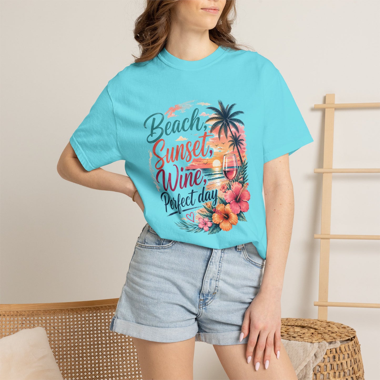 Beach Sunset Wine T-Shirt — "Beach, Sunset, Wine, Perfect Day" Tropical Graphic Tee