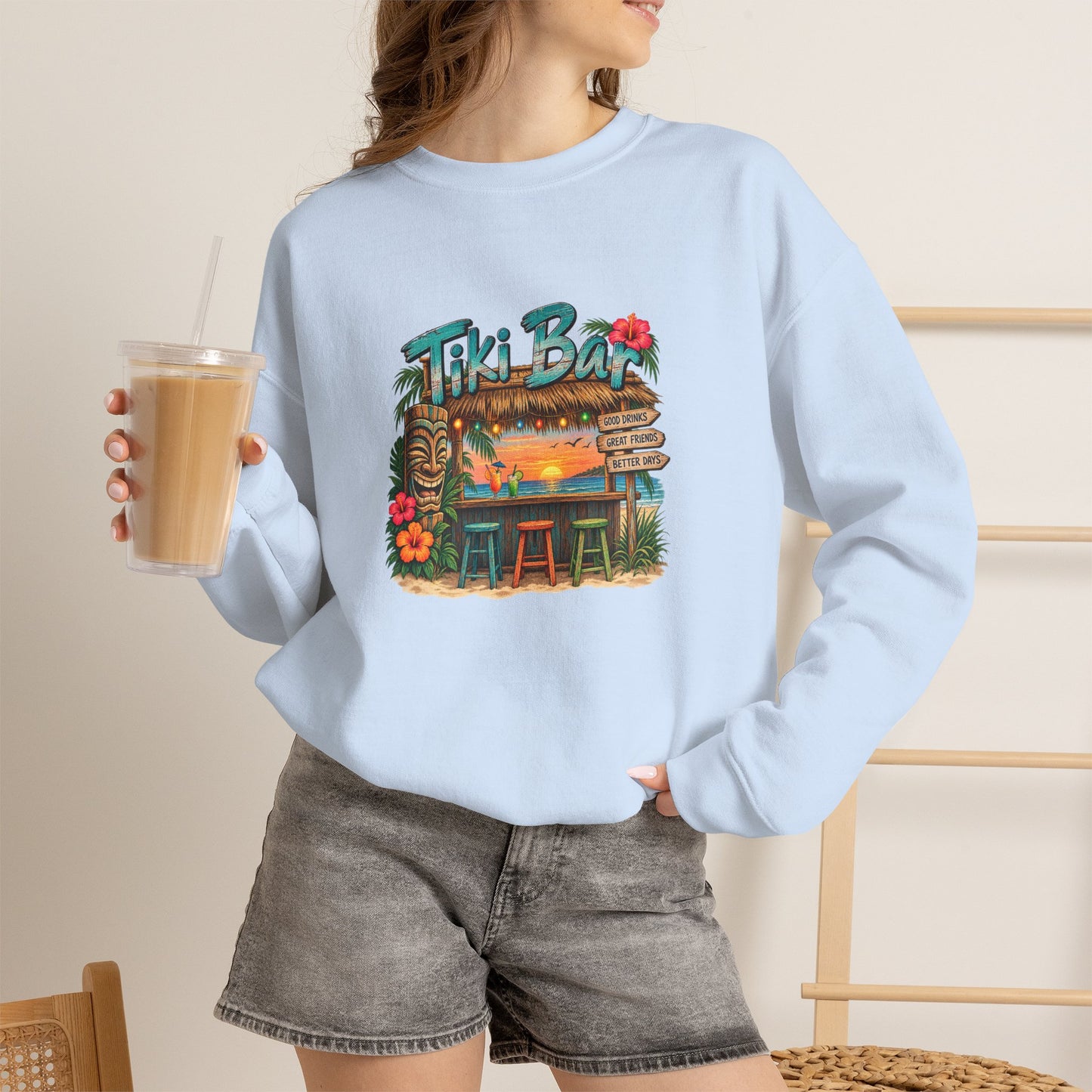 Tiki Bar Crewneck Sweatshirt — Retro Tropical Sunset Design