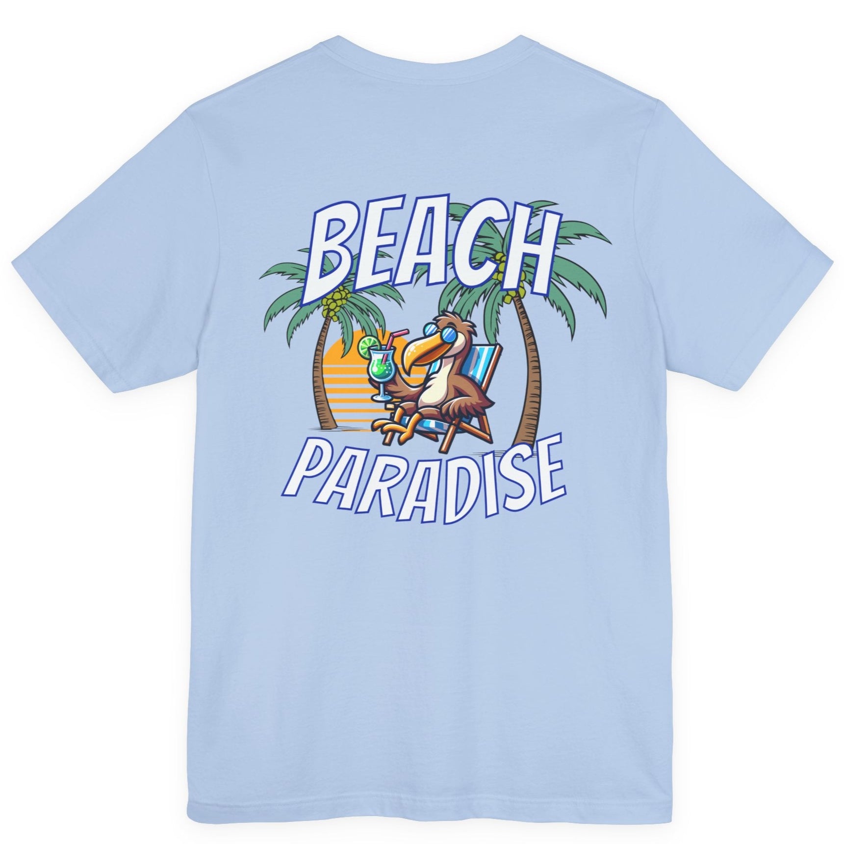 Light blue t-shirt with 'Beach Paradise' graphic on a white background by Caribbean Rays
