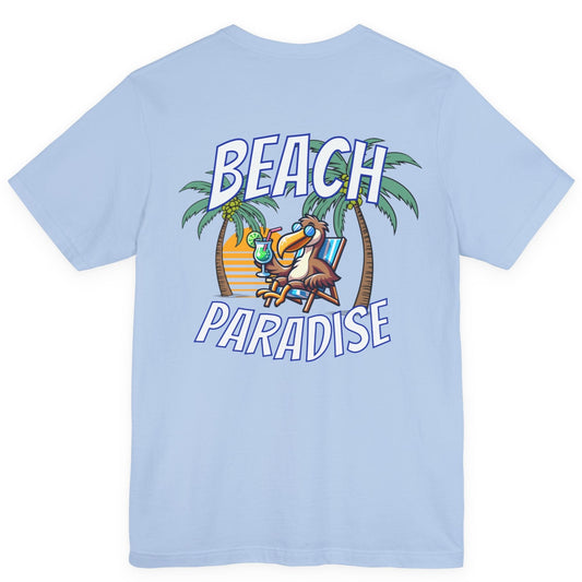 Light blue t-shirt with 'Beach Paradise' graphic on a white background by Caribbean Rays