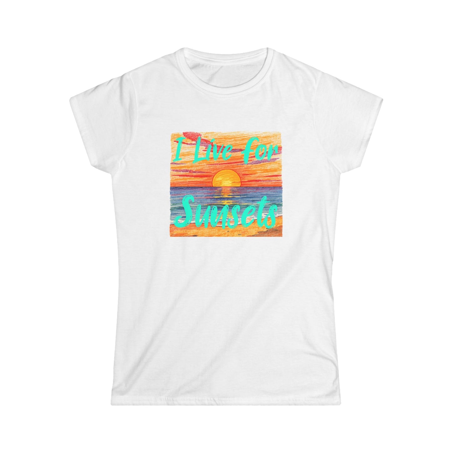 White t-shirt with a colorful sunset graphic and 'I Live for Sunsets' text on a white background