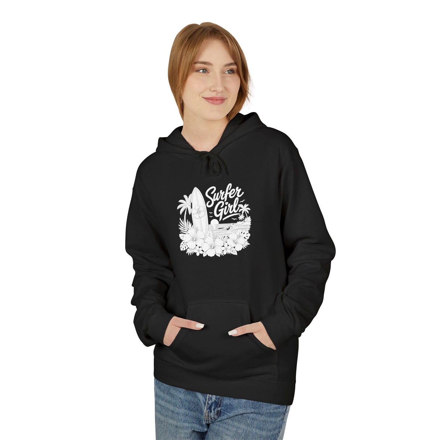 Surf Sketch Hoodie — Minimal Beach Palm Line Art Sweatshirt