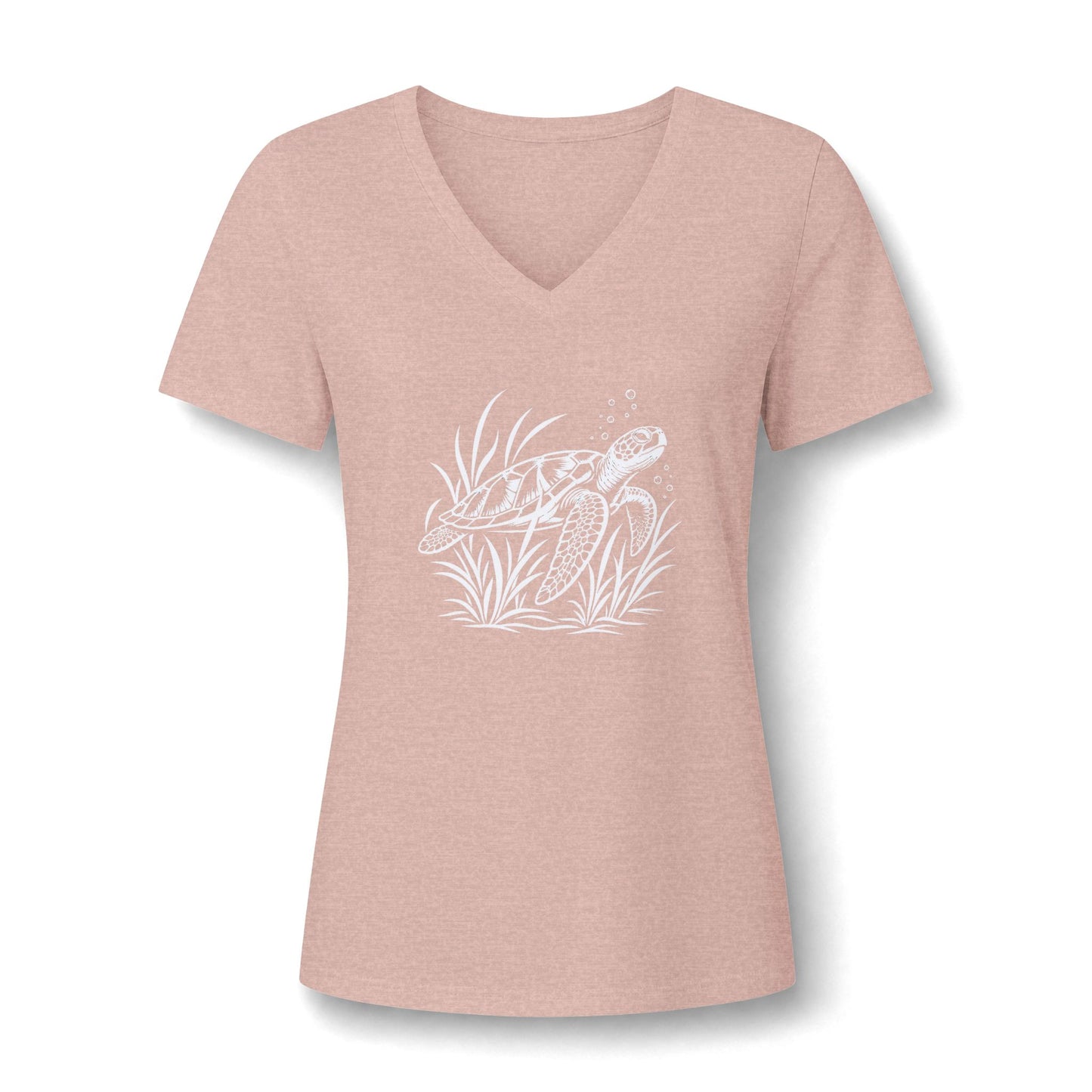 Sea Turtle V-Neck Tee — Women's Relaxed Heather Tee with White Sea Turtle Graphic