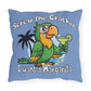 Pillow with a parrot holding a margarita and text on a blue background