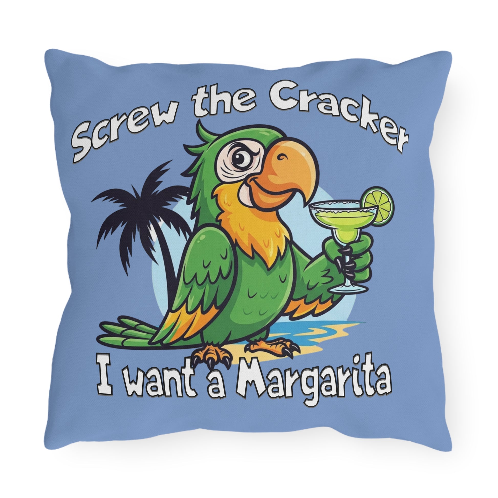 Pillow with a parrot holding a margarita and text on a blue background