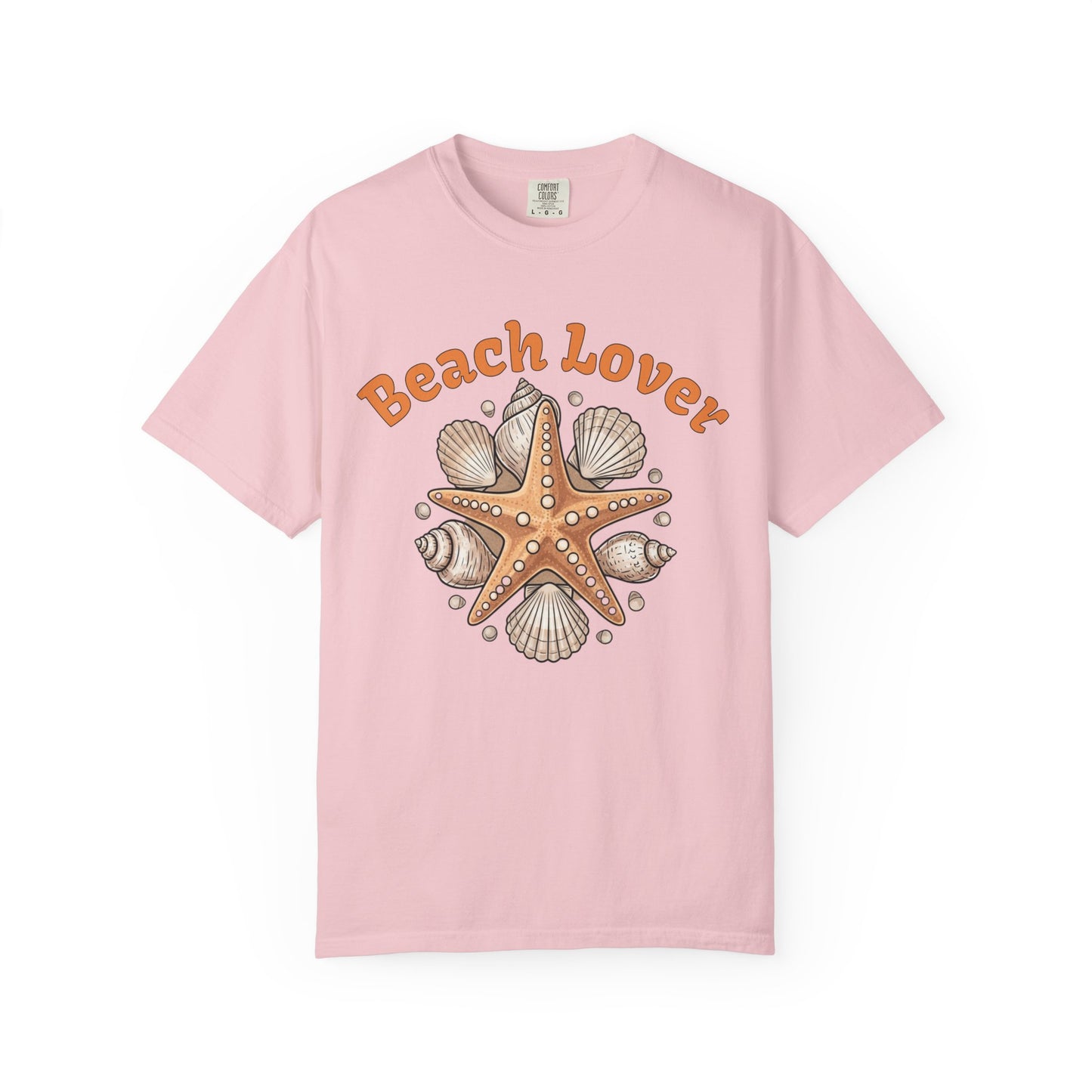 Pink t-shirt with 'Beach Lover' text and starfish design on a white background