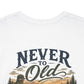 T-Shirt — "Never Too Old to Fish" Fishing Tee (Sunset Lake Design)