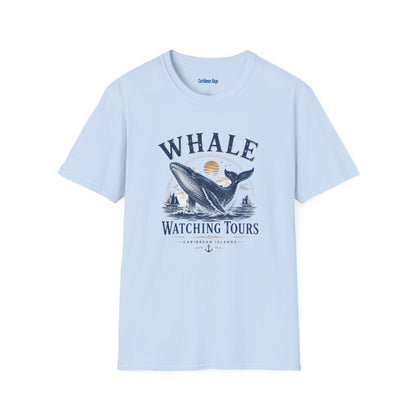 Unisex softstyle T-shirt, light blue with whale "Whale Watching Tours" graphic