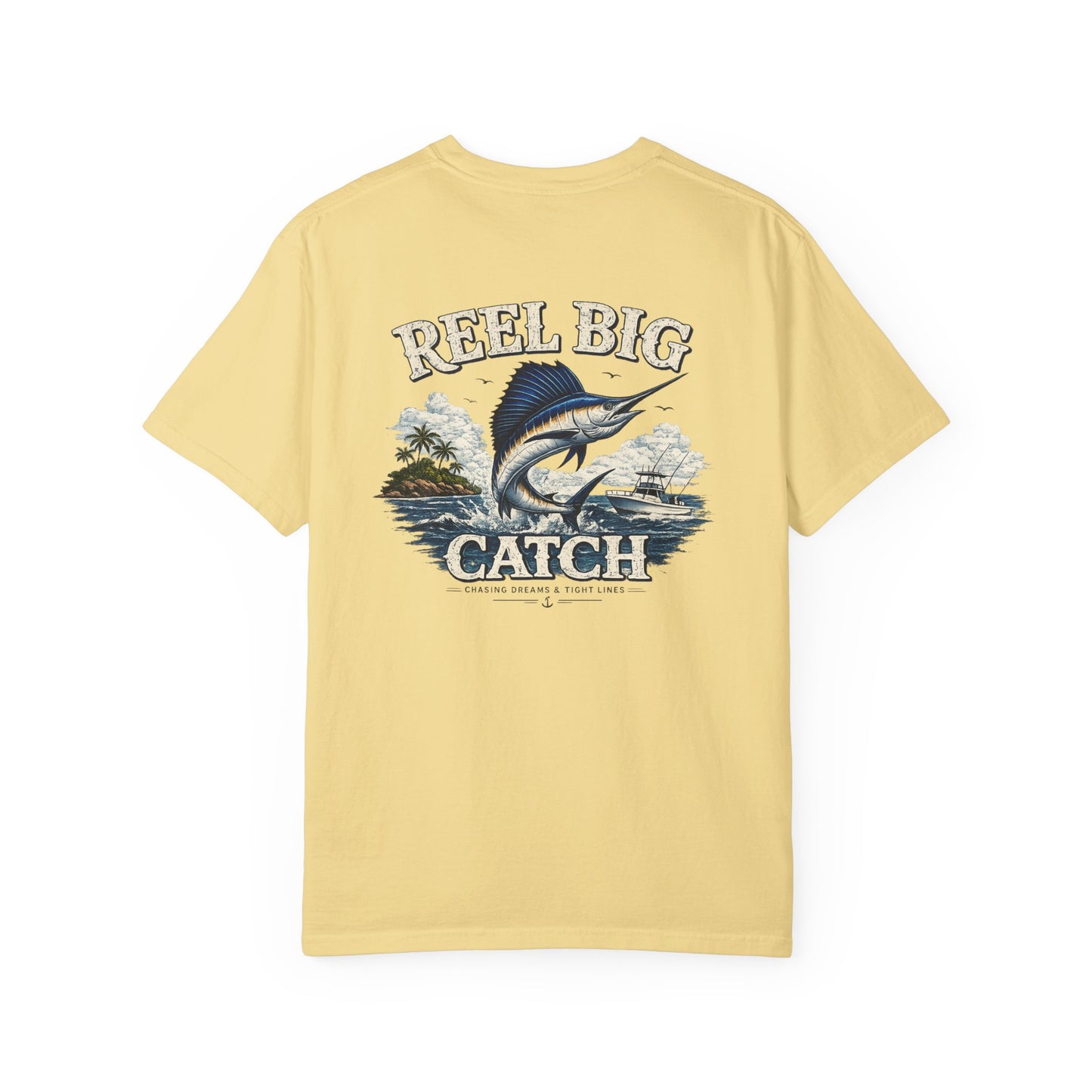 Yellow t-shirt with 'Reel Big Catch' graphic on a white background