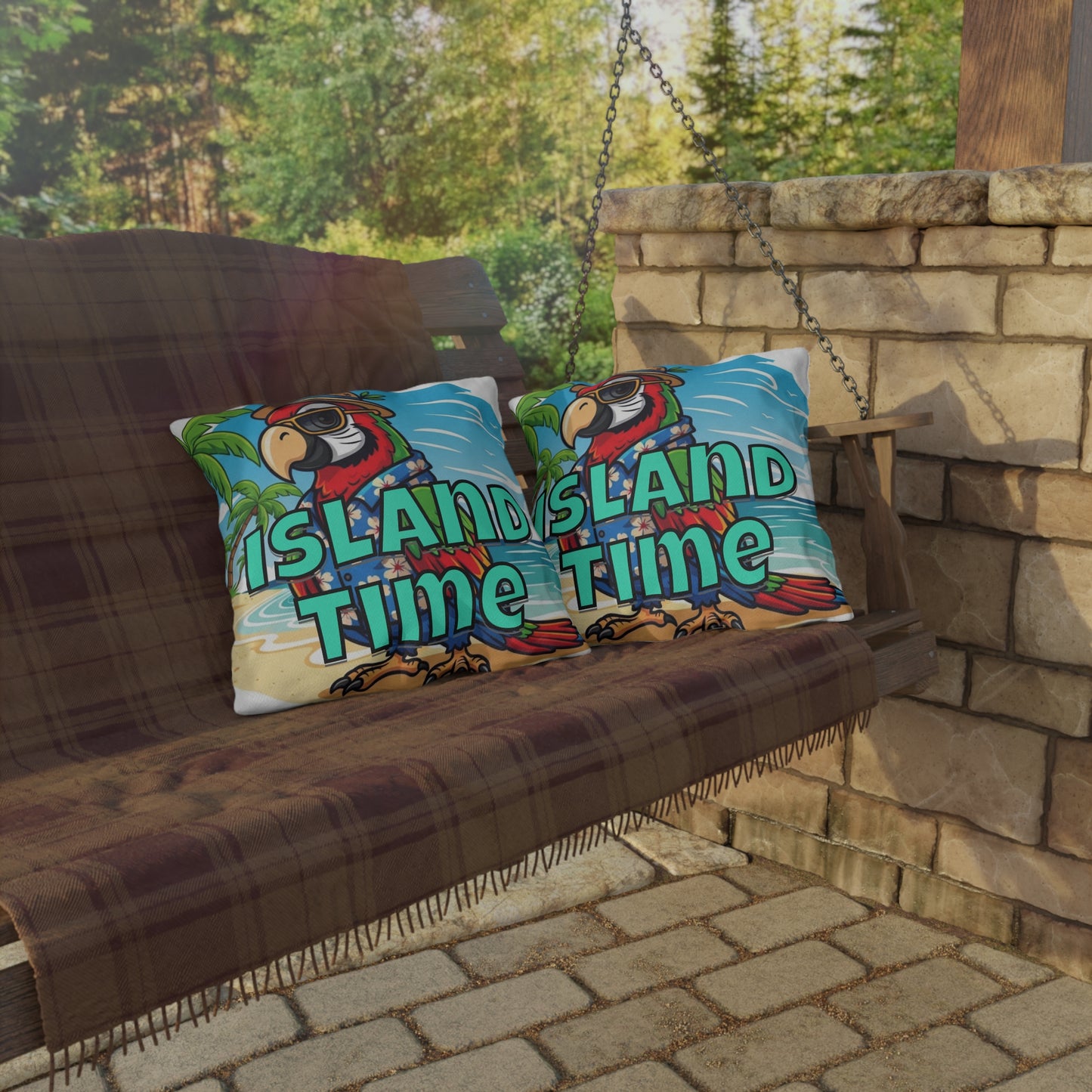 Porch swing with 'Island Time' pillows in a garden setting