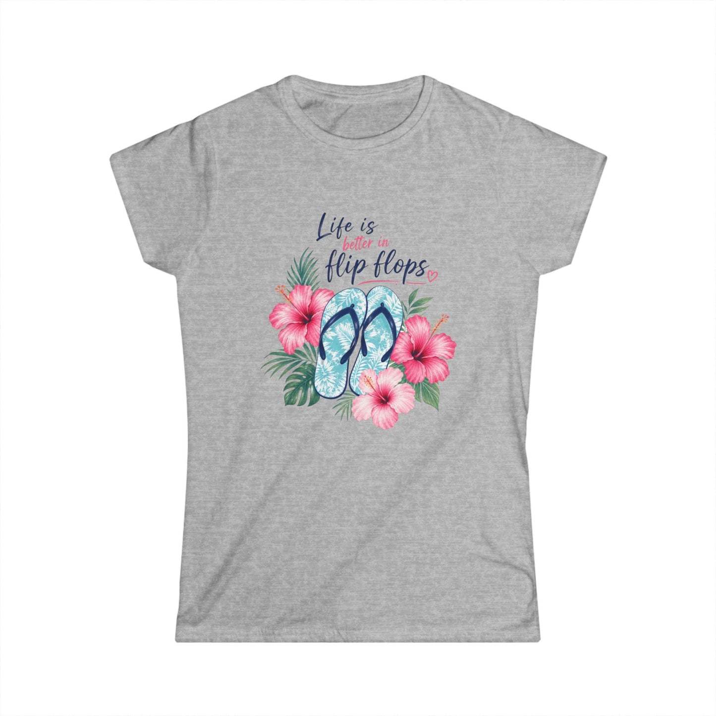  Gray t-shirt with flip flop design and text 'Life is better in flip flops' on a white background