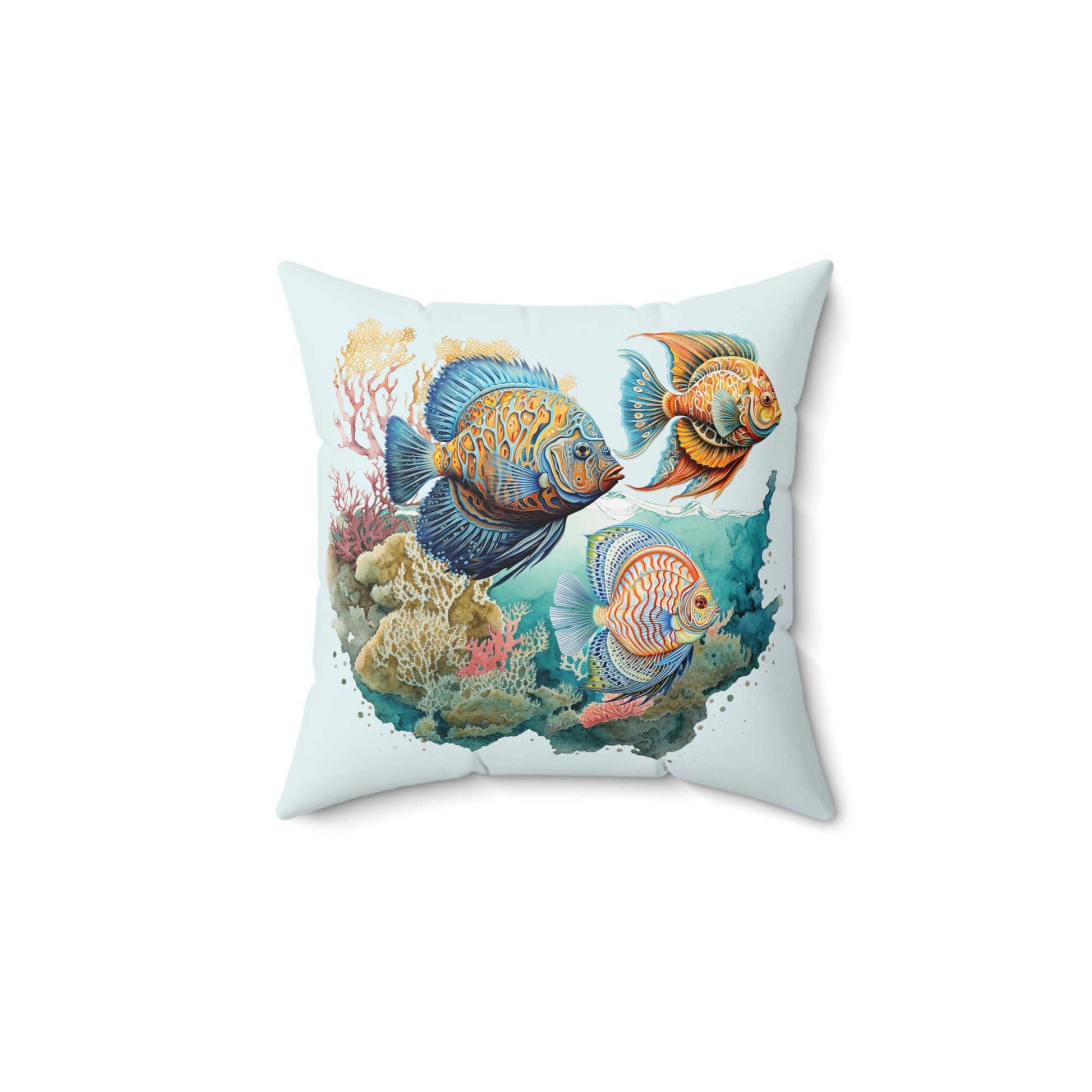 Trio Fish with Coral Left Spun Polyester Square Pillow on Caribbean Rays