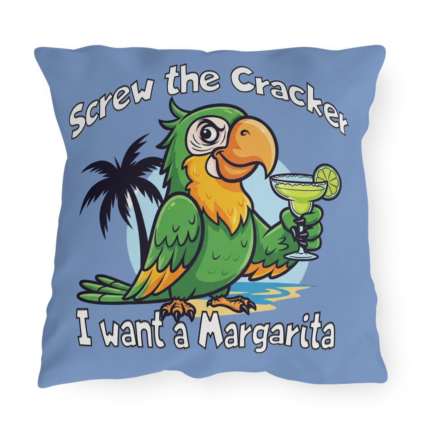 Pillow with a parrot holding a margarita and text on a blue background