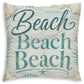 A square decorative throw pillow featuring the word 'Beach' repeated in teal script and serif fonts on a distressed light blue and white background, with beige seashell and palm leaf motifs around the edges.
