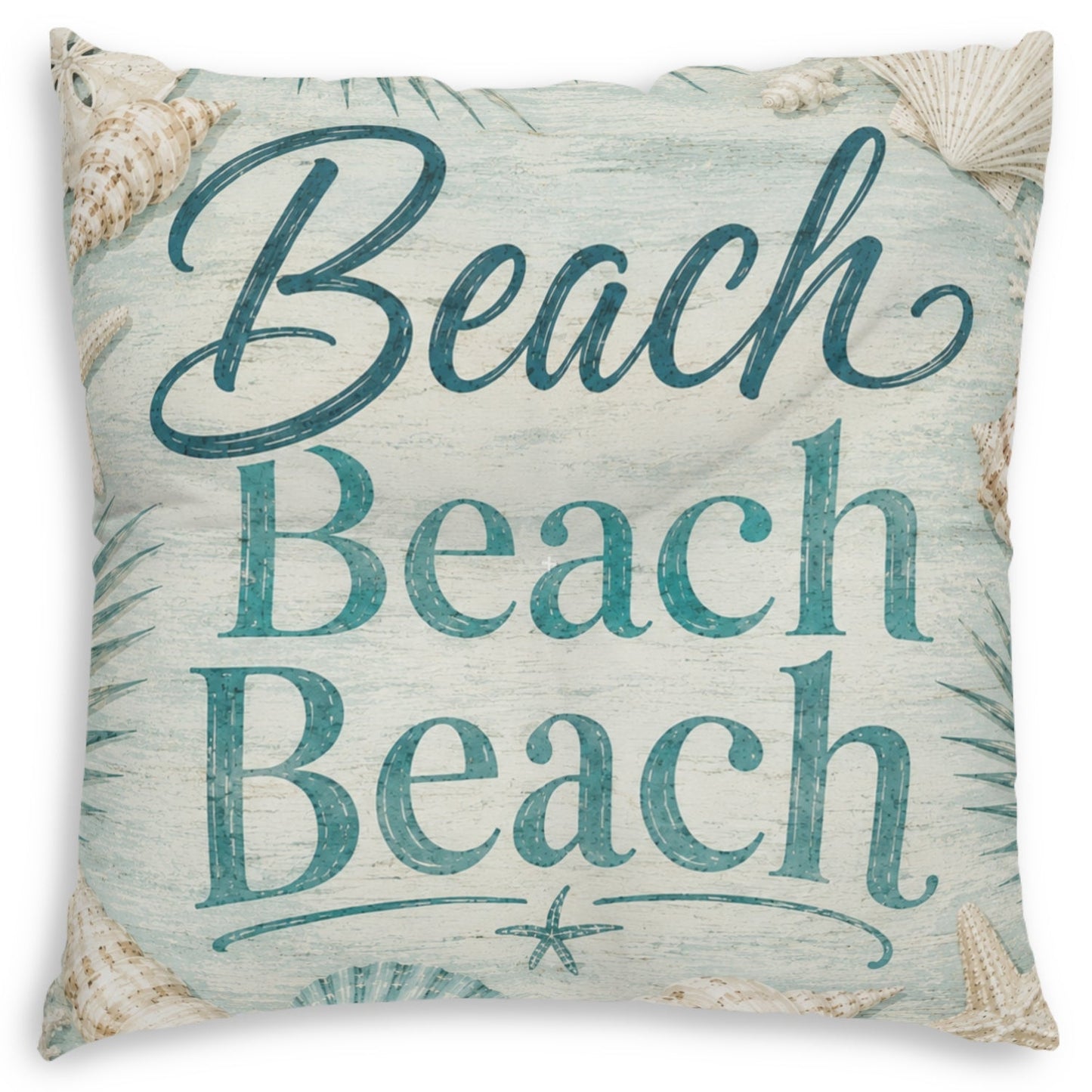 A square decorative throw pillow featuring the word 'Beach' repeated in teal script and serif fonts on a distressed light blue and white background, with beige seashell and palm leaf motifs around the edges.