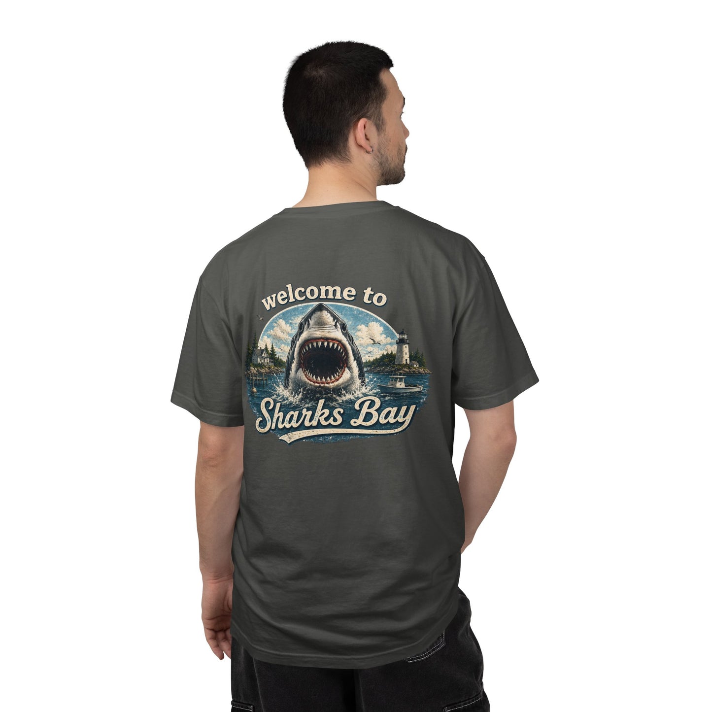 Sharks Bay T-Shirt — "Welcome to Sharks Bay" Vintage Shark Graphic Tee