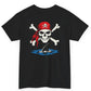 Black t-shirt with a skull and crossbones design featuring a red bandana on a white background